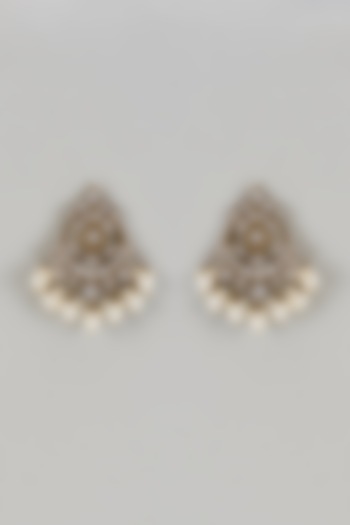 White Finish Kundan Polki & Pearl Drops Oval Stud Earrings by Shillpa Purii at Pernia's Pop Up Shop