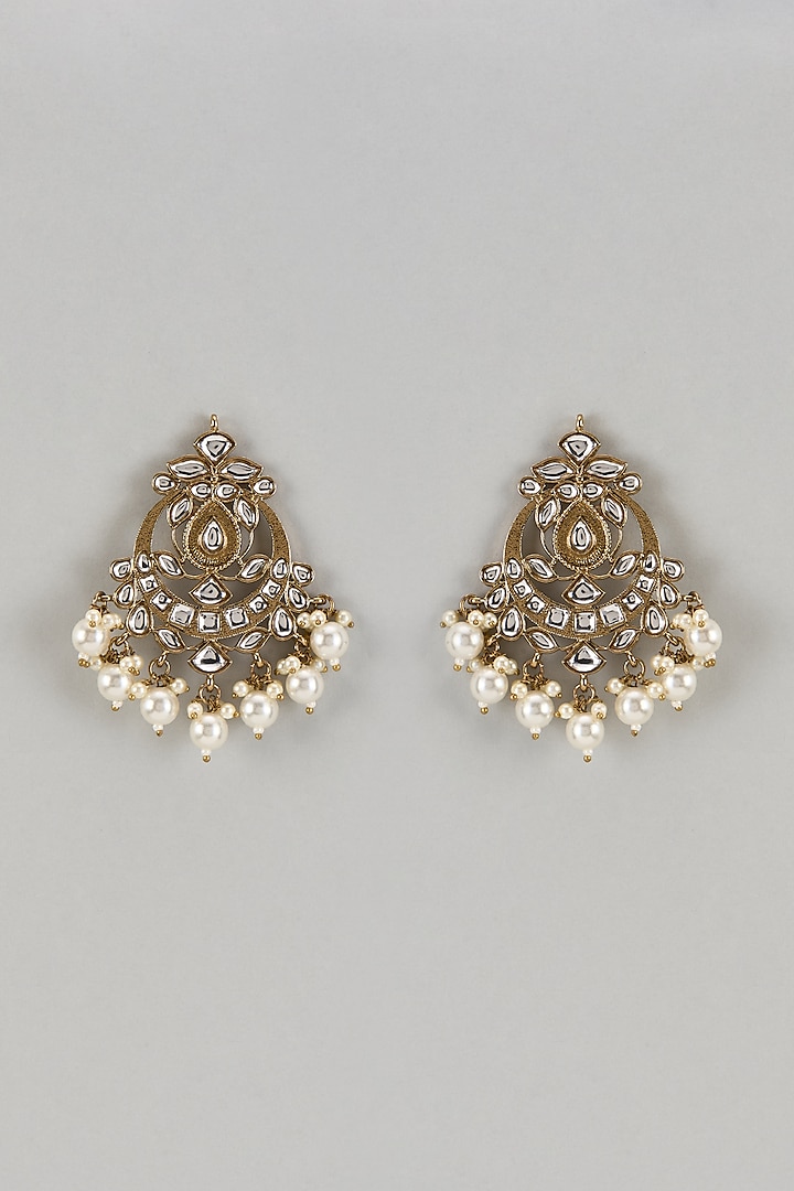 White Finish Kundan Polki & Pearl Drops Oval Stud Earrings by Shillpa Purii at Pernia's Pop Up Shop