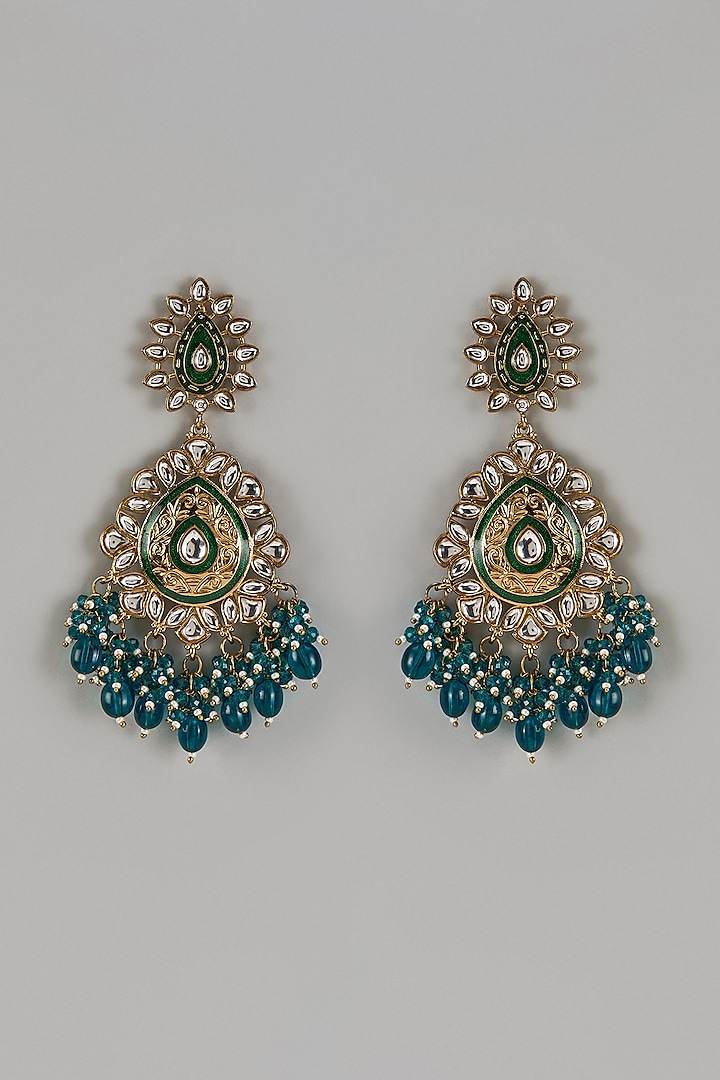 Gold Finish Kundan Polki & Green Drops Meenakari Dangler Earrings by Shillpa Purii at Pernia's Pop Up Shop