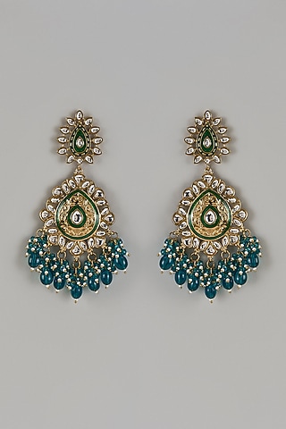 Gold Finish Kundan Polki & Green Drops Meenakari Dangler Earrings by Shillpa Purii