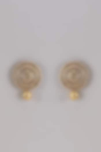 Gold Finish Pearl Aari Work Statement Stud Earrings by Shillpa Purii at Pernia's Pop Up Shop