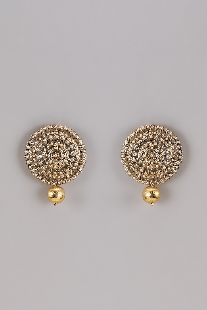 Gold Finish Pearl Aari Work Statement Stud Earrings by Shillpa Purii at Pernia's Pop Up Shop