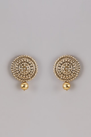 Gold Finish Pearl Aari Work Statement Stud Earrings by Shillpa Purii