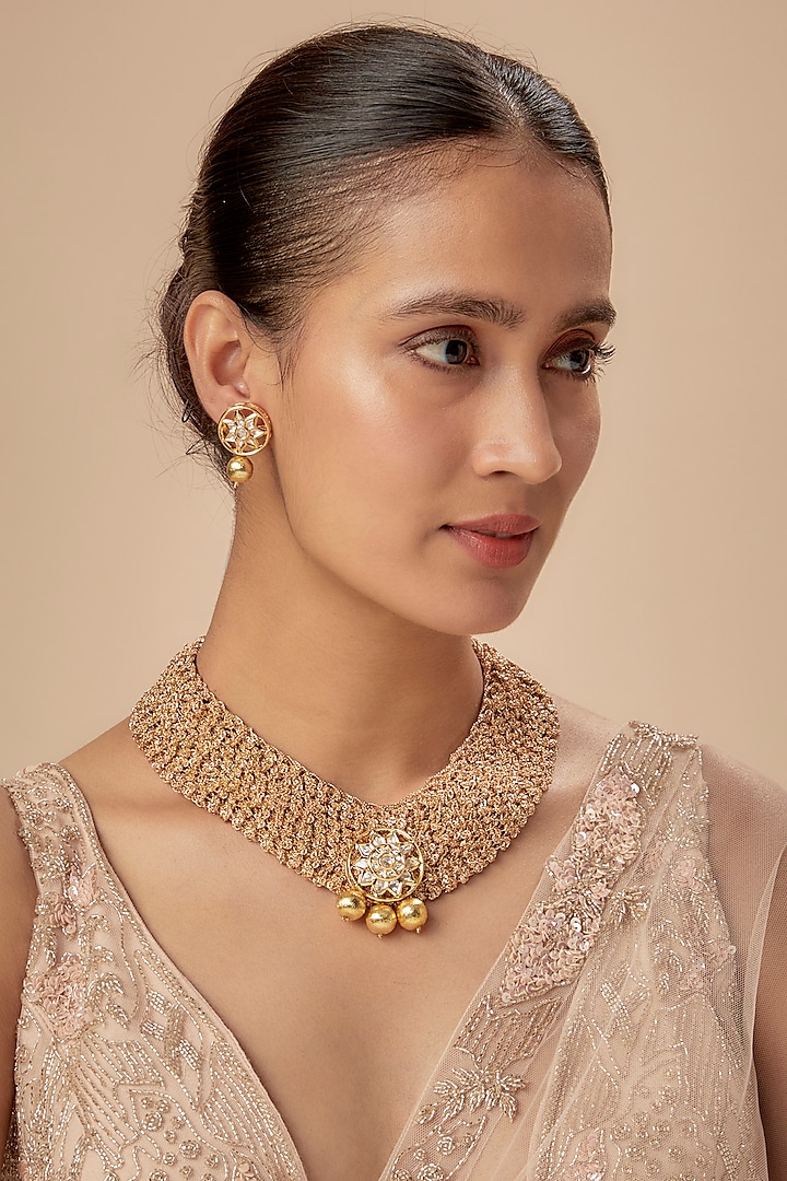 Gold Finish Kundan Motifs & Gold Beaded Choker Necklace Set by Shillpa Purii at Pernia's Pop Up Shop