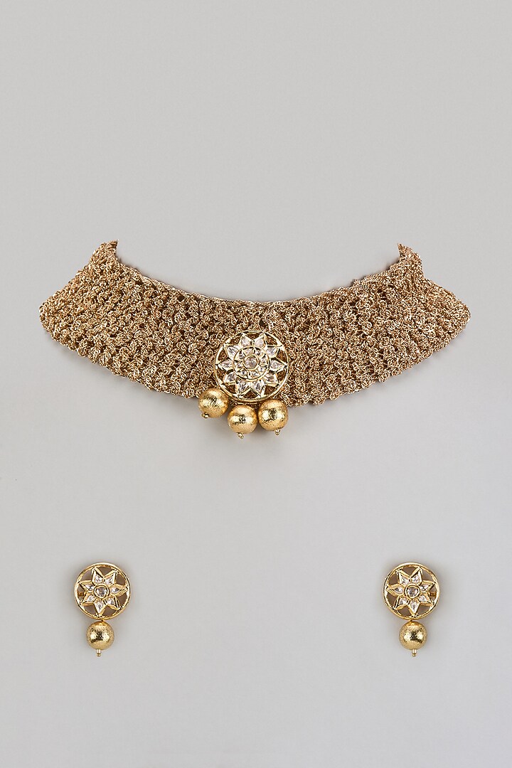 Gold Finish Kundan Motifs & Gold Beaded Choker Necklace Set by Shillpa Purii at Pernia's Pop Up Shop