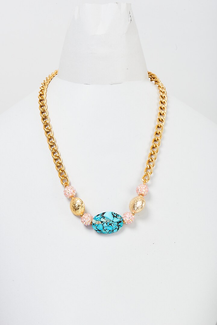 Gold Finish Turquoise Stone Necklace by Shillpa Purii