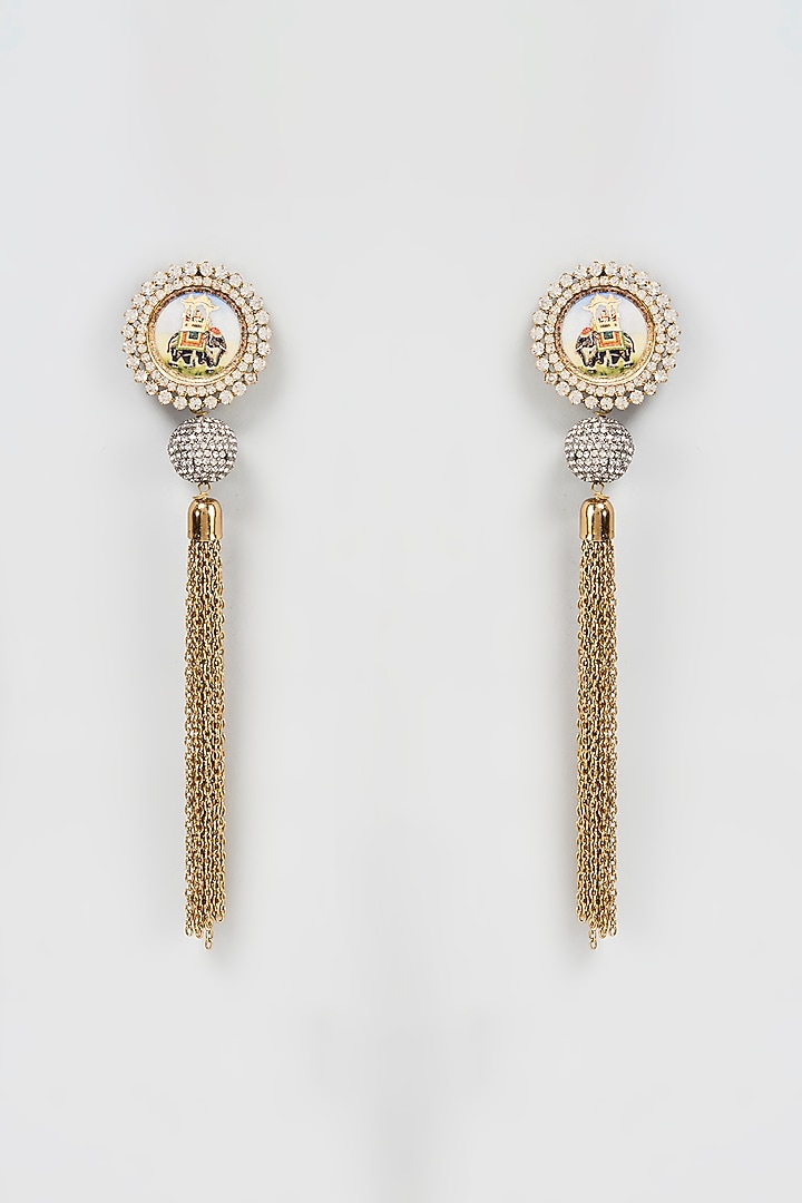 Gold Finish Diamante Dangler Earrings by Shillpa Purii at Pernia's Pop Up Shop