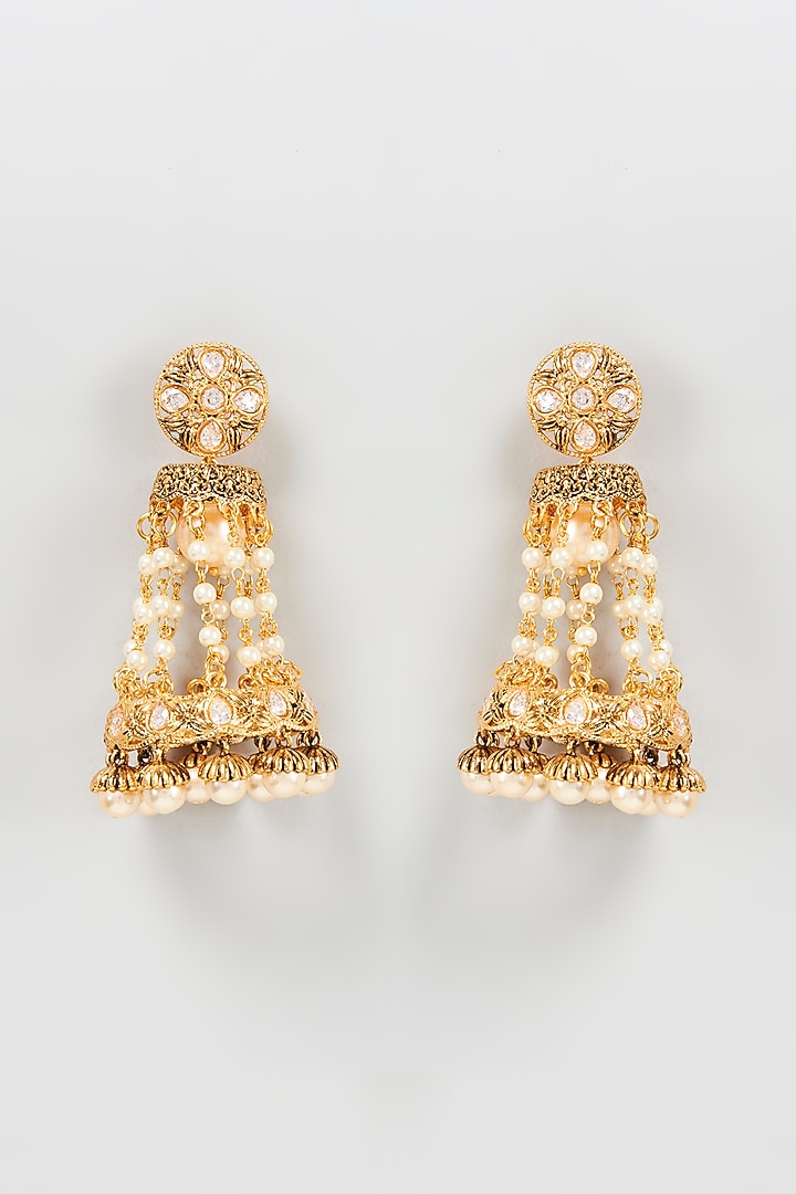 Gold Finish Uncut Stone & Pearl Dangler Earrings by Shillpa Purii at Pernia's Pop Up Shop