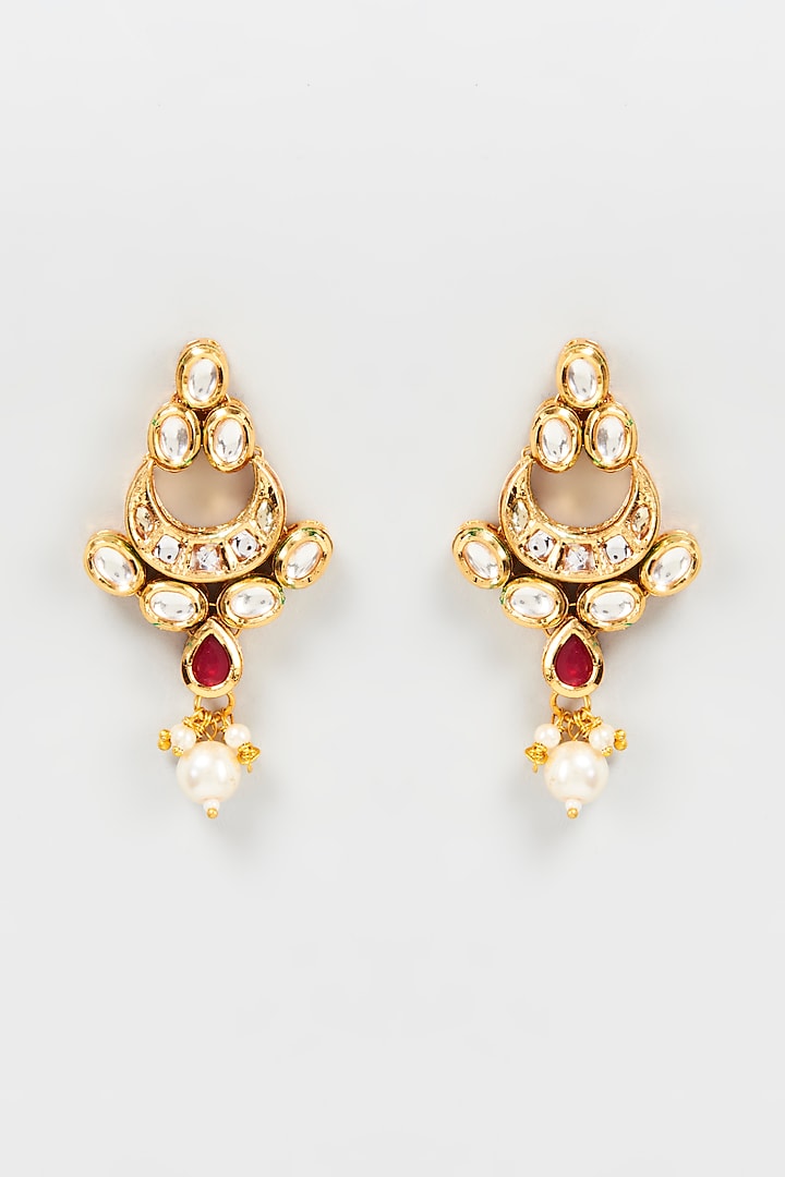 Gold Finish Pearl & Ruby Chandbali Earrings by Shillpa Purii
