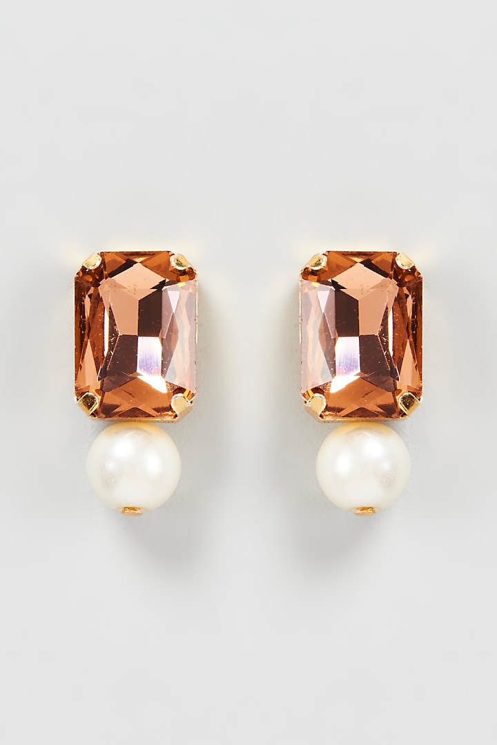 Gold Finish Brown Crystal Stud Earrings by Shillpa Purii