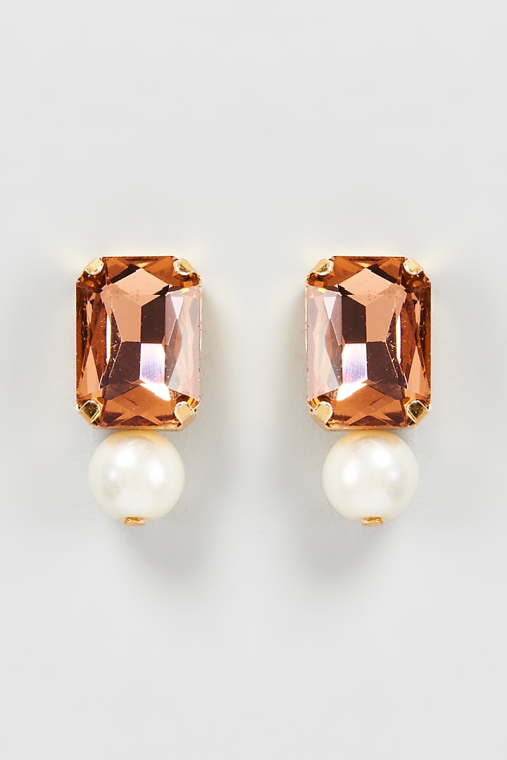 Gold Finish Brown Crystal Stud Earrings by Shillpa Purii at Pernia's Pop Up Shop