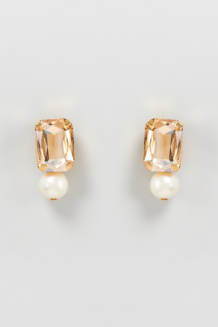 Gold Finish Champagne Crystal Stud Earrings by Shillpa Purii