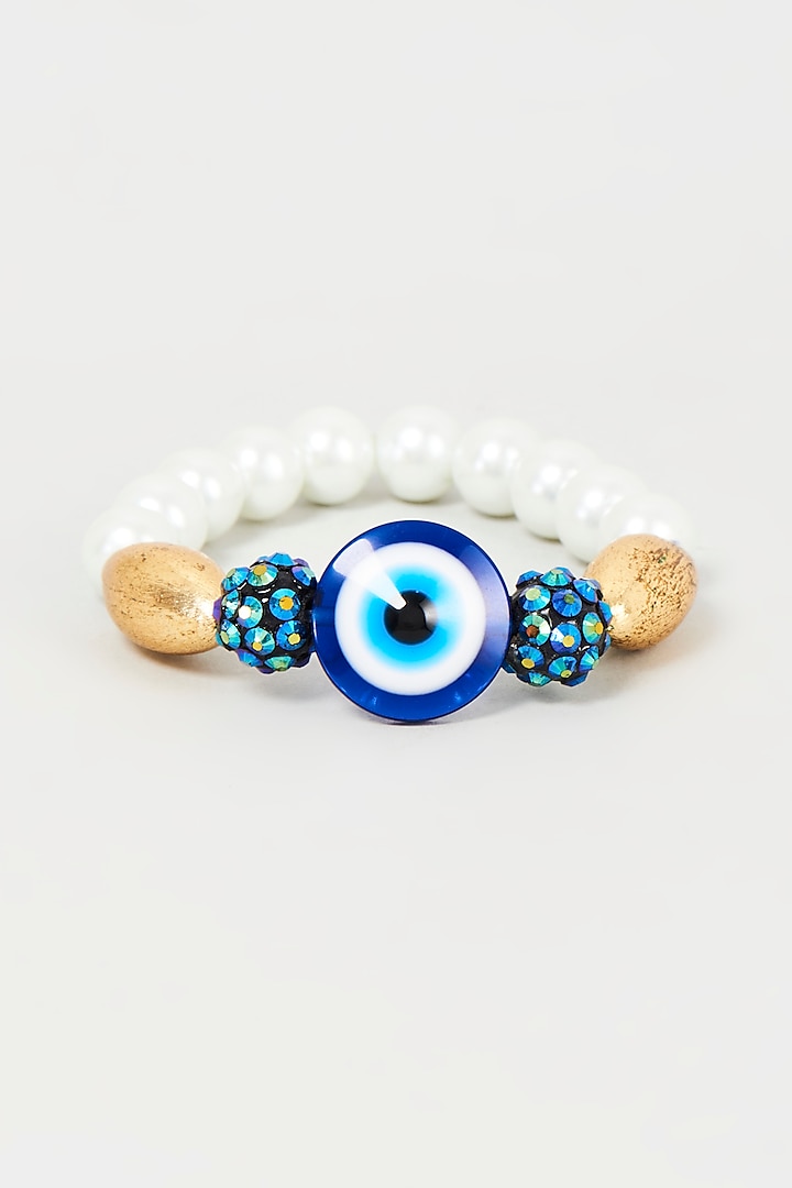 Gold Finish Gold Beaded & Pearl Evil Eye Bracelet by Shillpa Purii at Pernia's Pop Up Shop