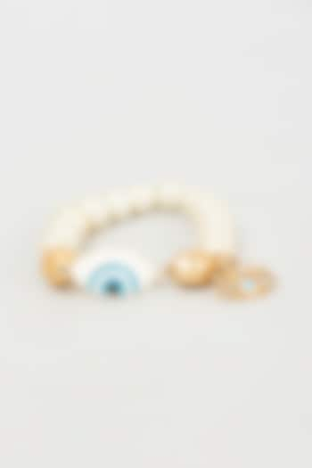 Gold Finish Gold Beaded & Pearl Evil Eye Bracelet by Shillpa Purii at Pernia's Pop Up Shop