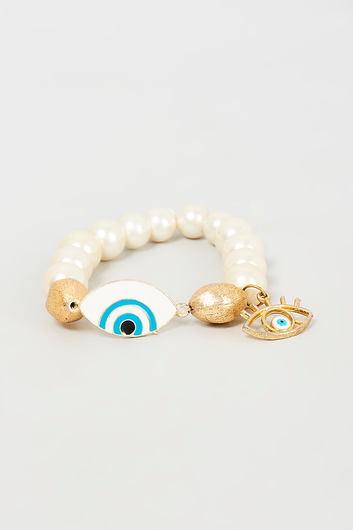 Gold Finish Gold Beaded & Pearl Evil Eye Bracelet by Shillpa Purii at Pernia's Pop Up Shop