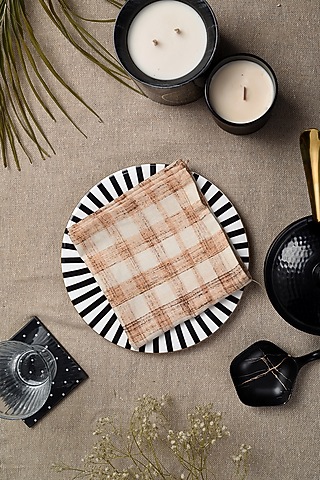 Beige Cotton Checkered Printed Napkins (Set of 4) by Solasta