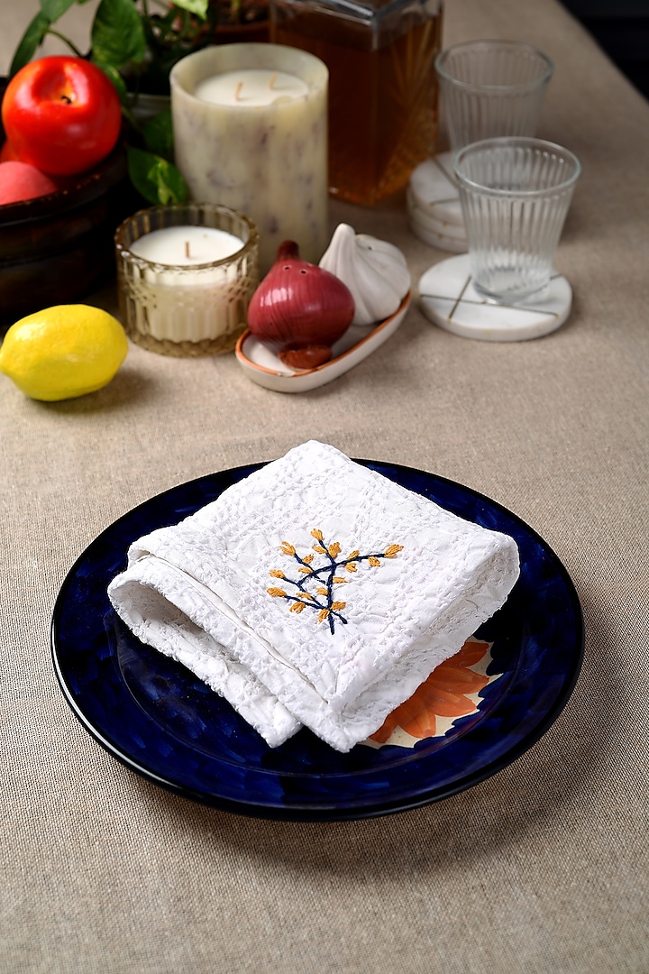 White Cotton Hand Embroidered Napkins (Set of 4) by Solasta