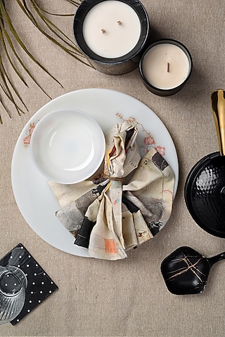 White Cotton Abstract Printed Napkins (Set of 4) by Solasta