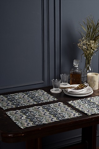 Blue Cotton Seigaiha Wave Printed Placemats (Set of 6) by Solasta
