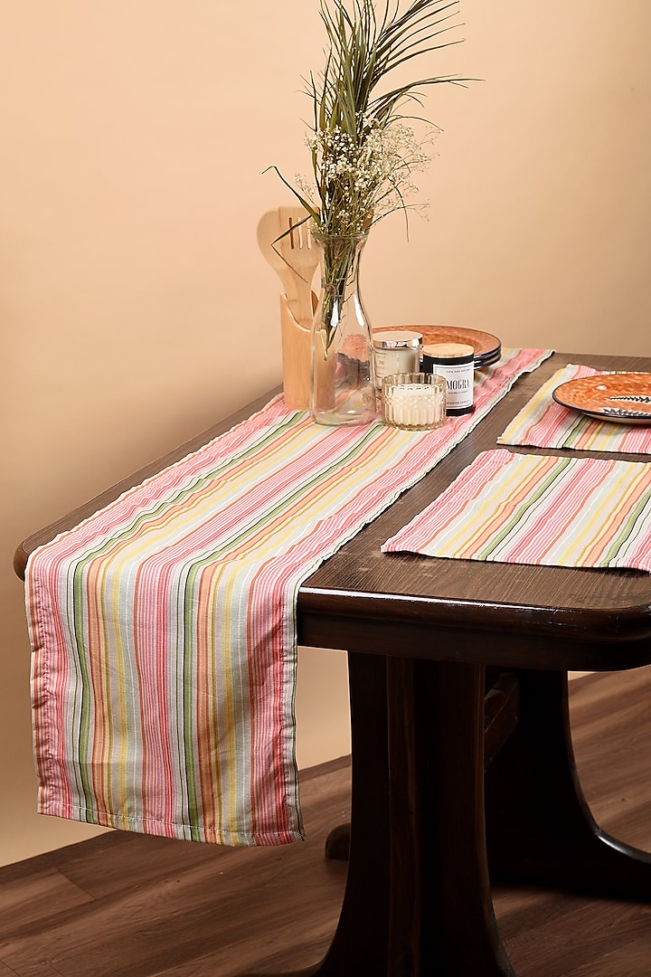 Multi-Colored Cotton Striped Printed Table Runner & Placemats (Set of 7) by Solasta