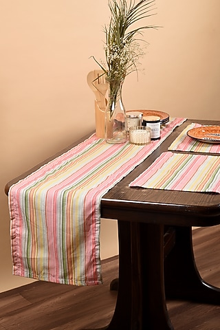 Multi-Colored Cotton Striped Printed Table Runner & Placemats (Set of 7) by Solasta