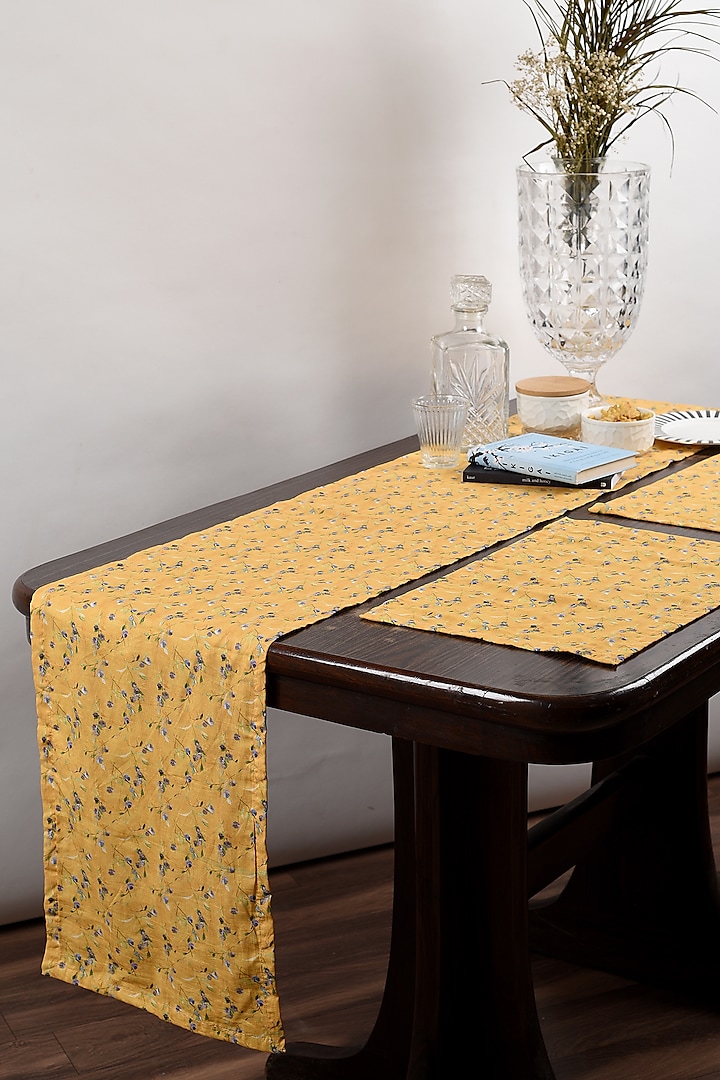 Yellow Cotton Floral Table Runner & Placemats (Set of 7) by Solasta
