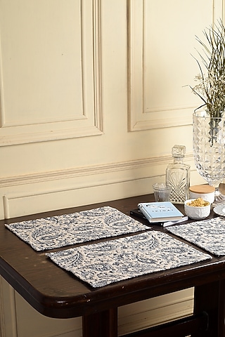 Stone Blue Cotton Paisley Printed Reversible Placemats (Set of 6) by Solasta
