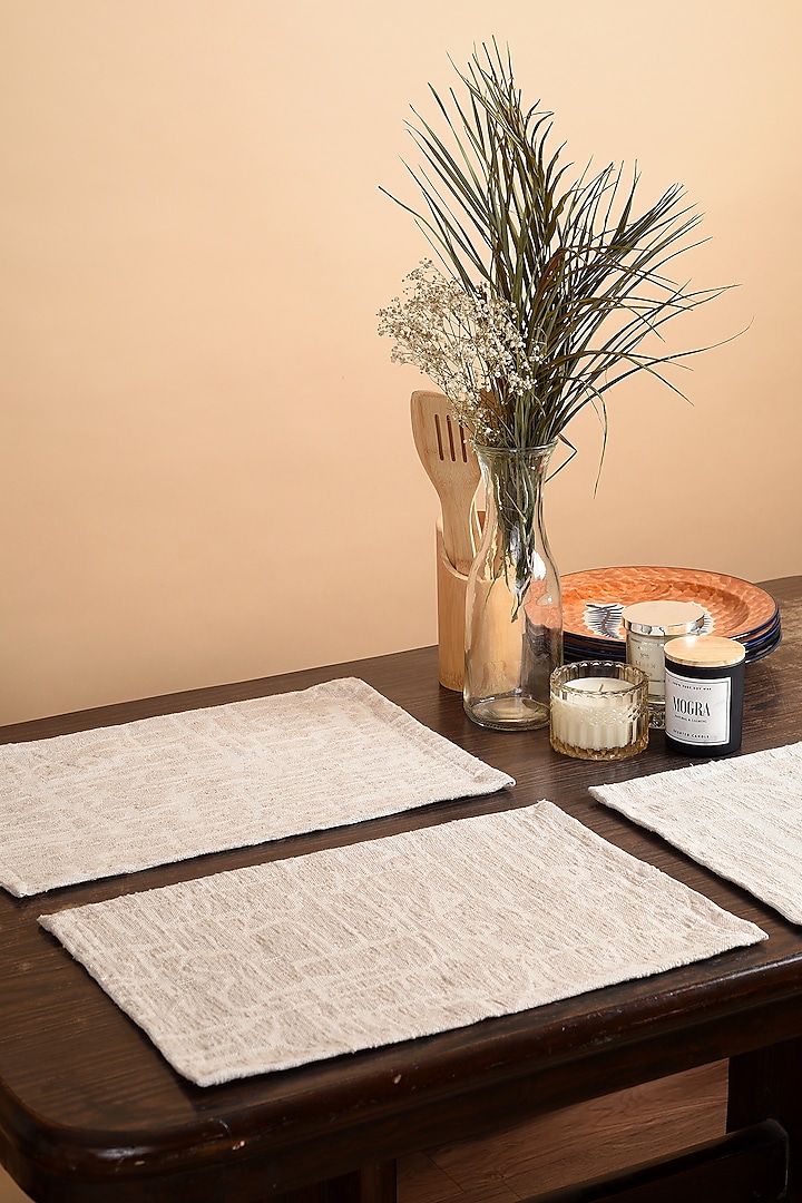 Beige Cotton Abstract Printed Placemats (Set of 6) by Solasta