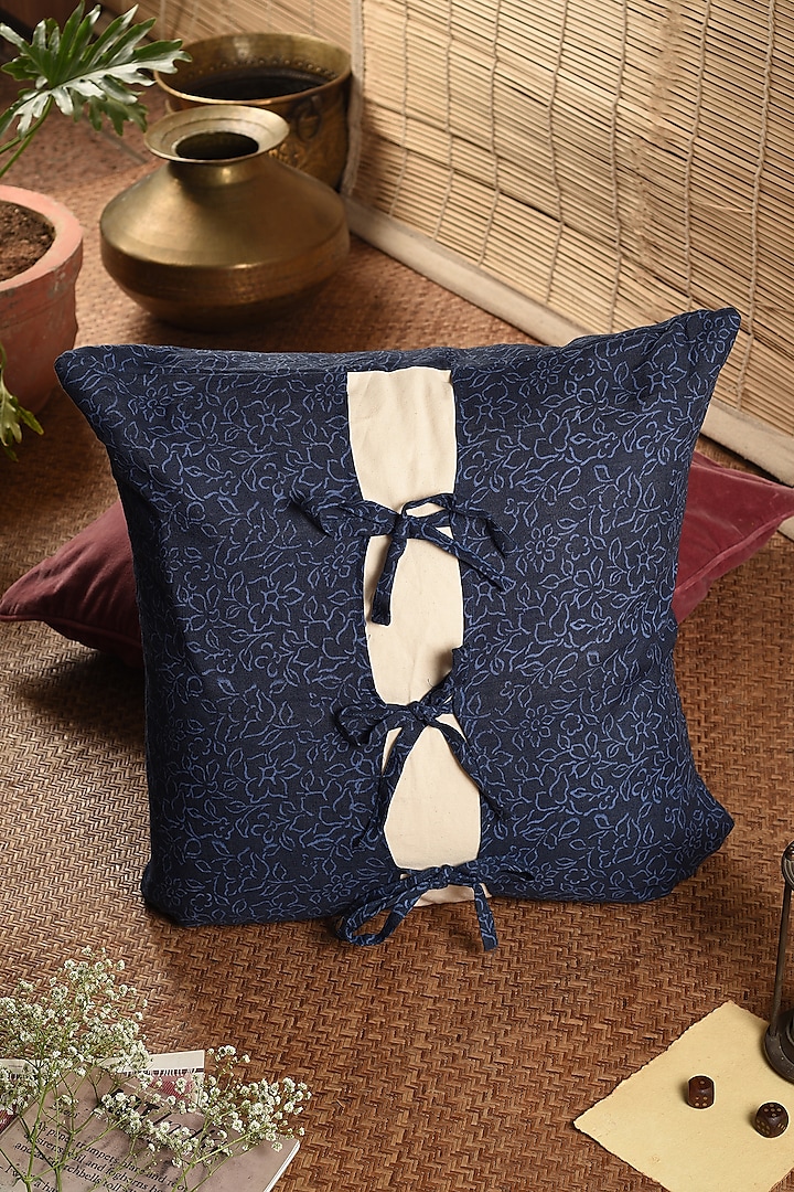 Blue Cotton Digital Printed Cushion Cover by Solasta