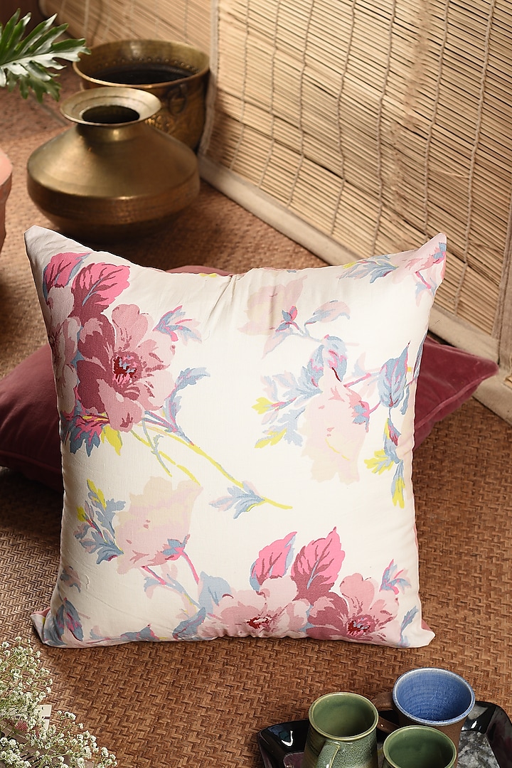 Pink Cotton Floral Printed Cushion Cover by Solasta