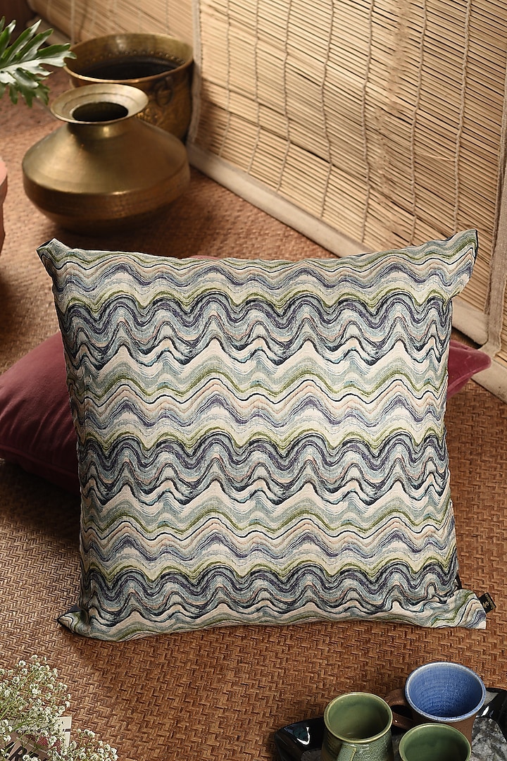 Blue Cotton Seigaiha Wave Printed Cushion Cover by Solasta