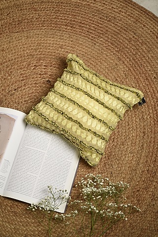 Lime Yellow Linen Blend Cushion Cover by Solasta