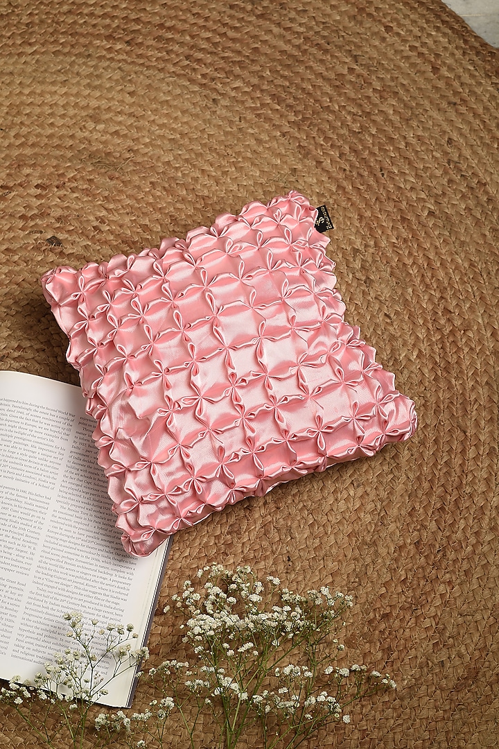 Pink Satin Floral Smocked Cushion Cover by Solasta