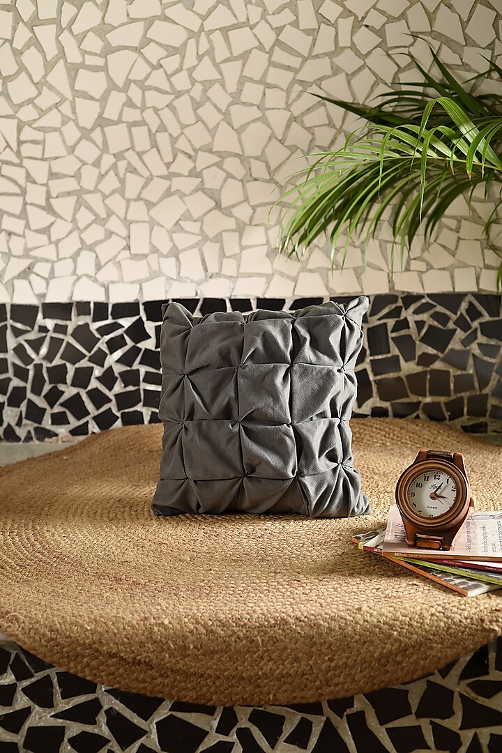 Grey Polyester Blend Smocked Cushion Cover by Solasta at Pernia's Pop Up Shop