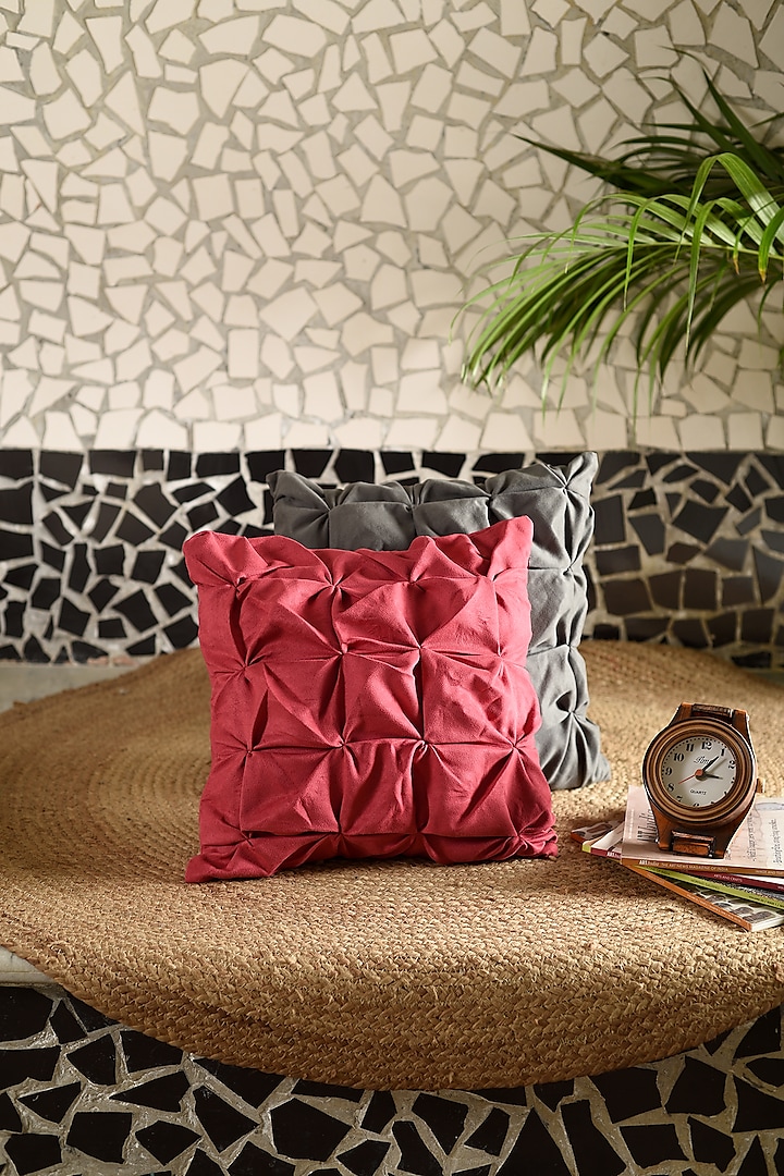 Red Polyester Blend Smocked Cushion Cover by Solasta at Pernia's Pop Up Shop