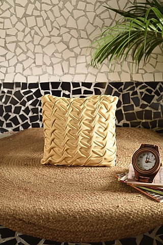 Golden Yellow Polyester Blend Smocked Cushion Cover by Solasta