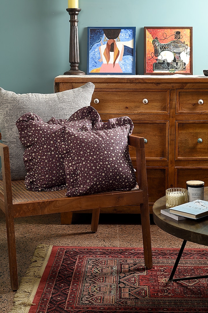 Purple Linen Polka Dot Printed Ruffled Cushion Cover by Solasta at Pernia's Pop Up Shop