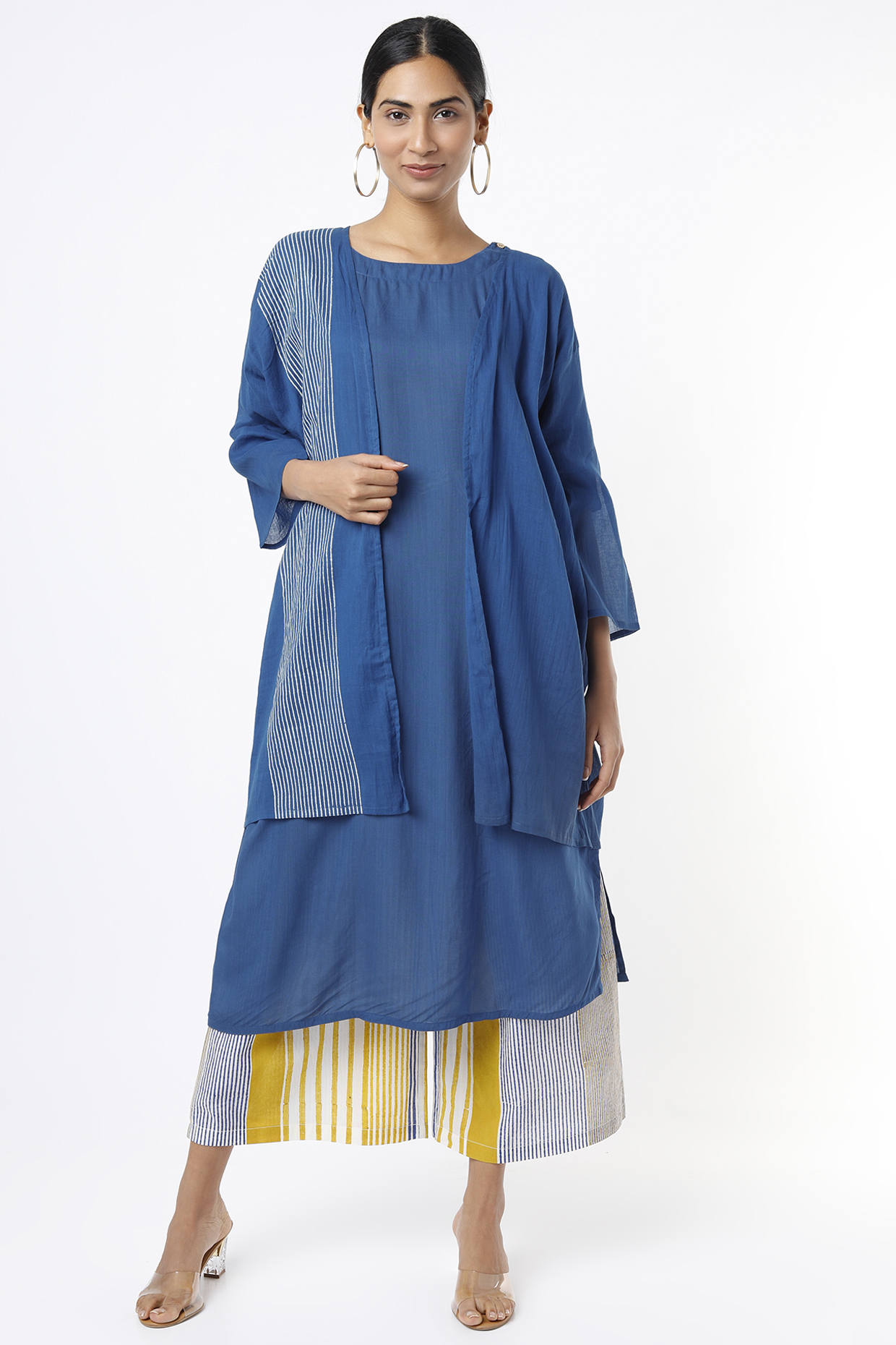 Indigo Kurta Set With Hand Block Printed Cape by BANANA Labs at Pernia's Pop Up Shop