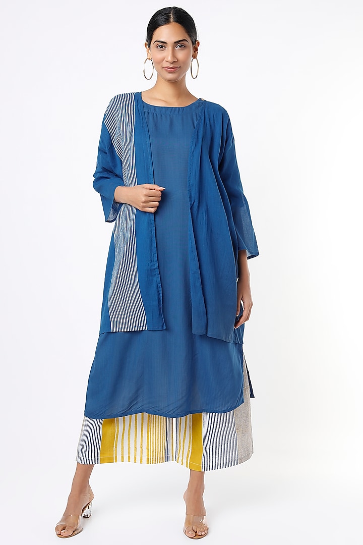 Indigo Kurta Set With Hand Block Printed Cape by BANANA Labs at Pernia's Pop Up Shop