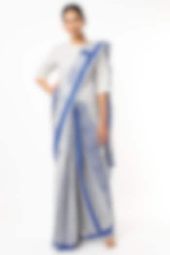 Indigo & Off White Hand Block Printed Saree Set by BANANA Labs