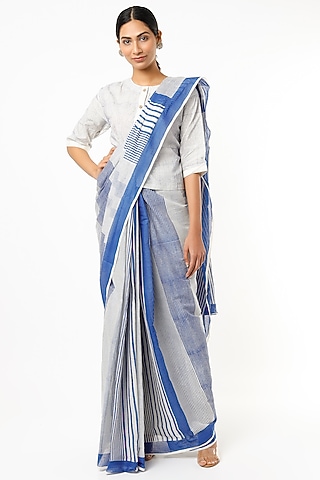 Indigo & Off White Hand Block Printed Saree Set by BANANA Labs