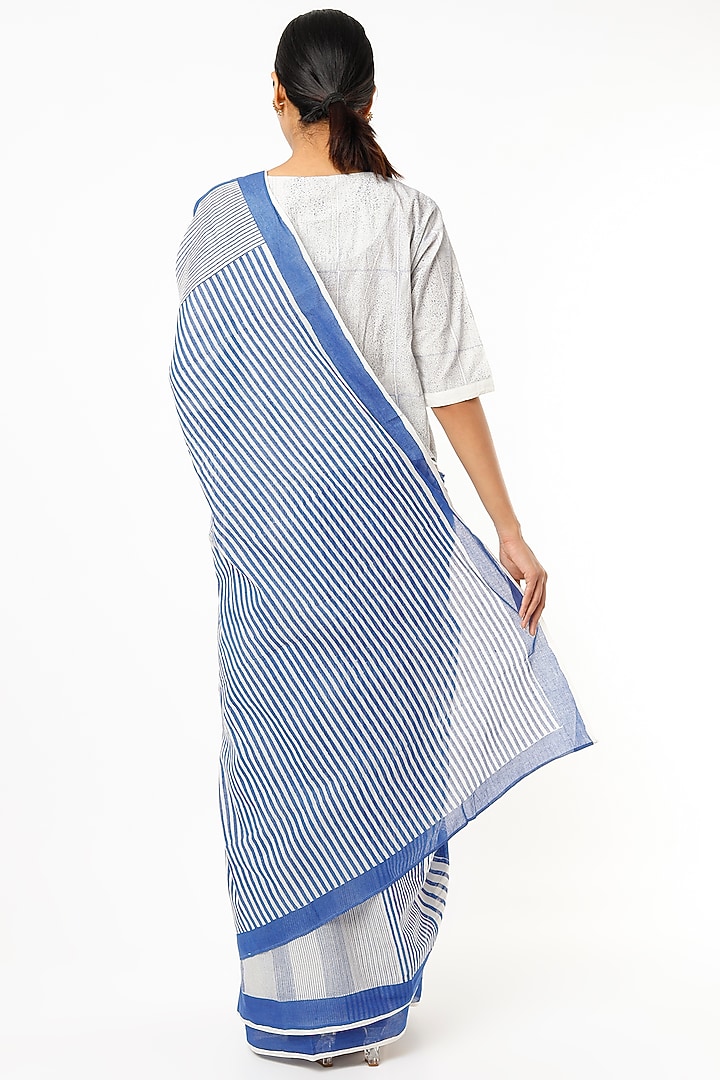 Indigo & Off White Hand Block Printed Festive Saree Set by BANANA Labs at Pernia's Pop Up Shop