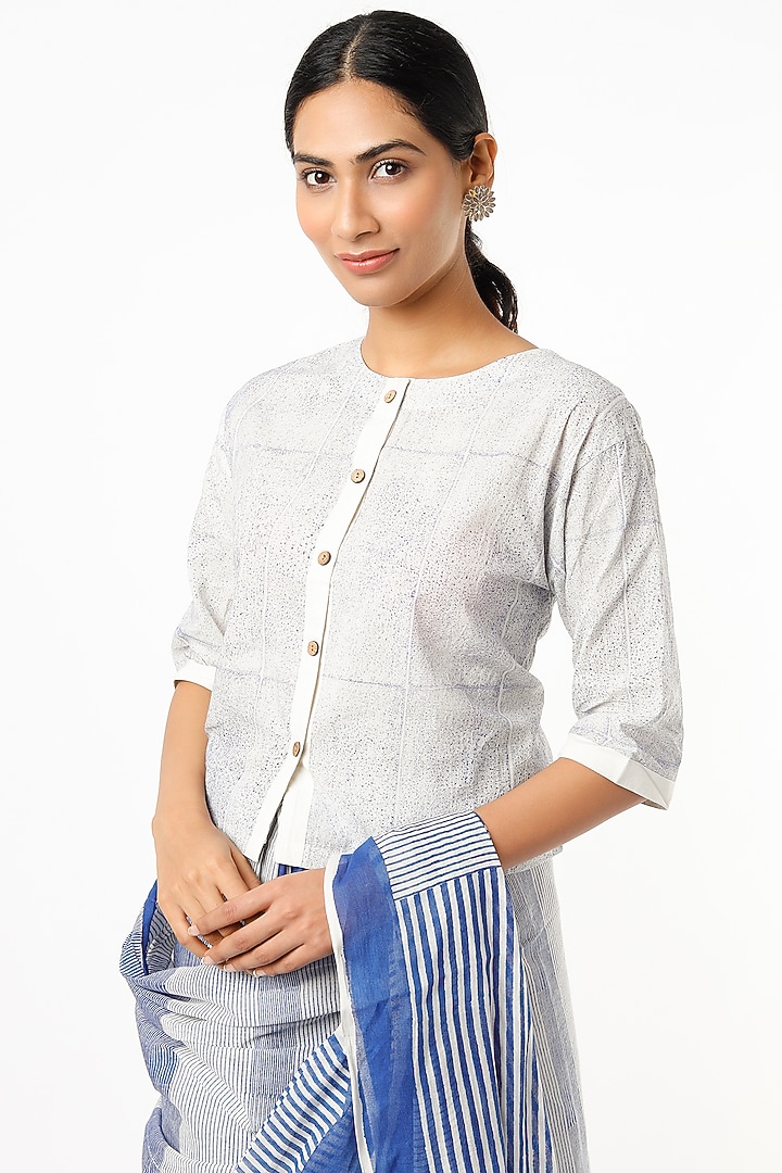 Indigo & Off White Hand Block Printed Festive Saree Set by BANANA Labs at Pernia's Pop Up Shop