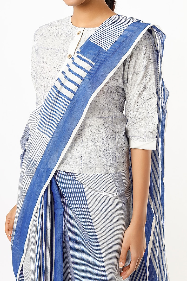 Indigo & Off White Hand Block Printed Festive Saree Set by BANANA Labs at Pernia's Pop Up Shop