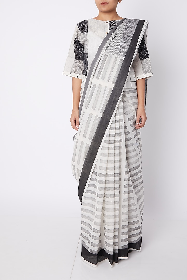 White & Black Printed Saree by Silk Waves