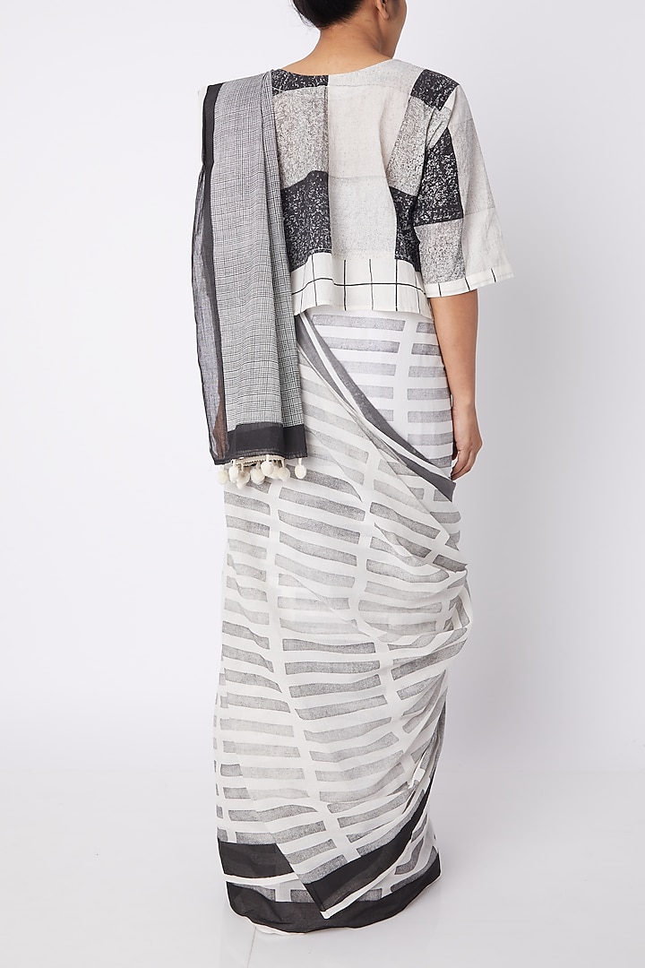 White & Black Printed Saree by Silk Waves at Pernia's Pop Up Shop