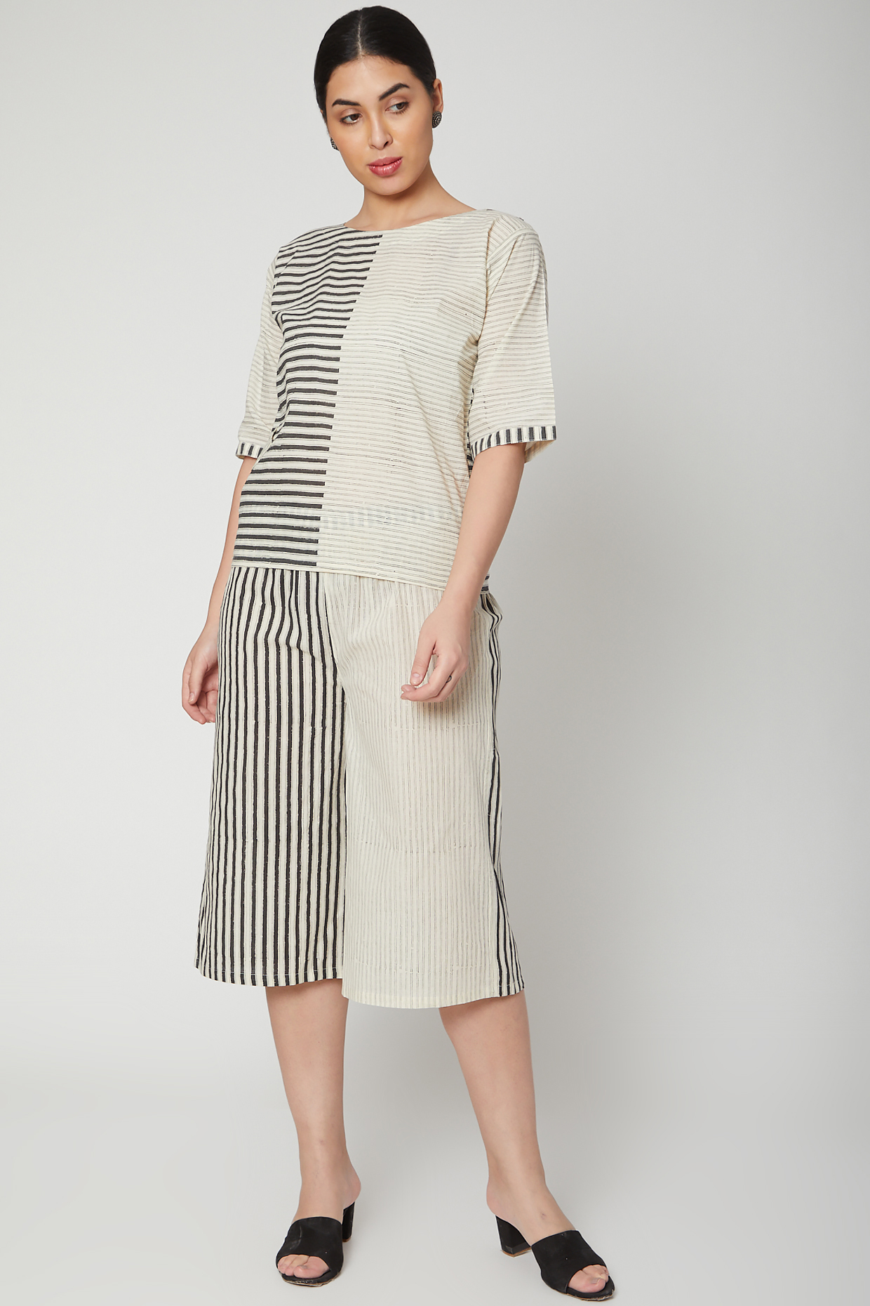 White Cotton Stripe Hand Block Printed Co-Ord Set by BANANA Labs at Pernia's Pop Up Shop