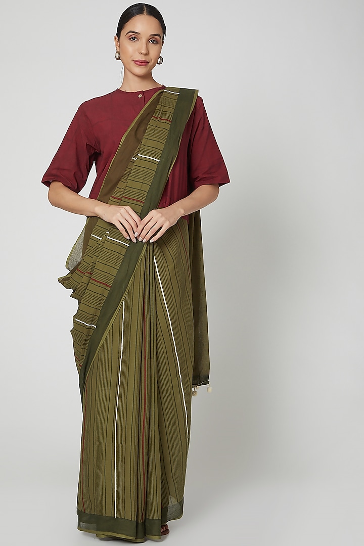 Green Cotton Hand Block Printed Saree Set by BANANA Labs at Pernia's Pop Up Shop