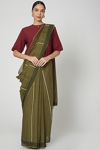 Green Cotton Hand Block Printed Saree Set by BANANA Labs