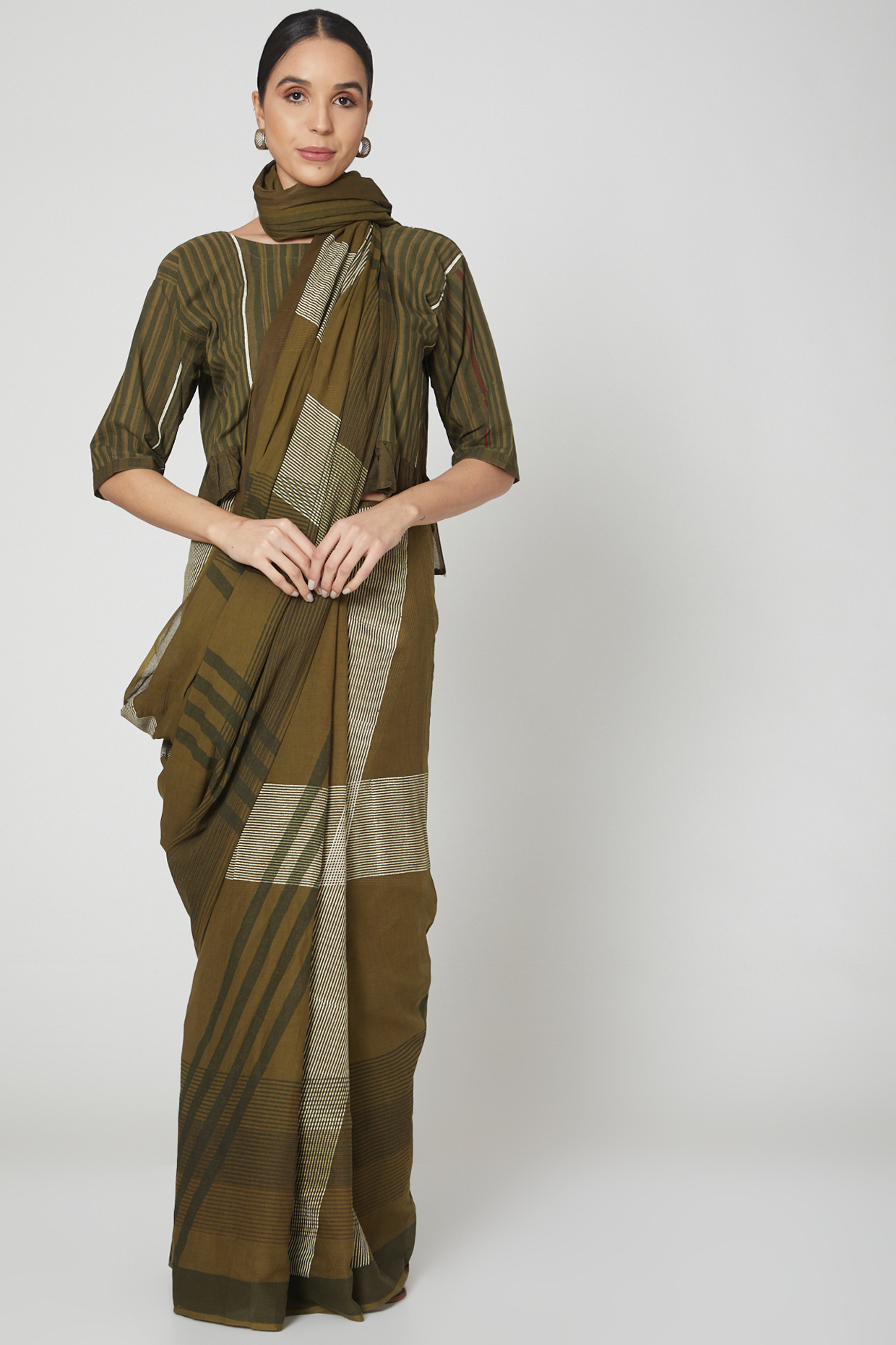 Green Cotton Hand Block Printed Festive Saree Set by BANANA Labs at Pernia's Pop Up Shop